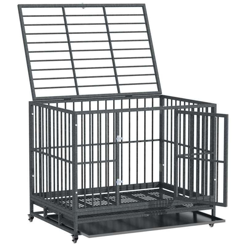 43" Heavy Duty Dog Crate Metal Cage Kennel With Lockable Wheels
