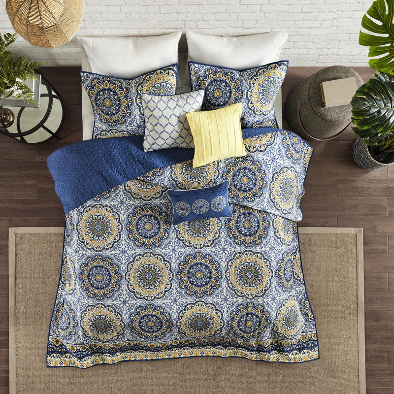 Courtepointe très grand / très grand bleu - médaillon floral, coussins brodés, matériau de microfibre 6 pièces, très grand lit, avec grands médaillons, 100%