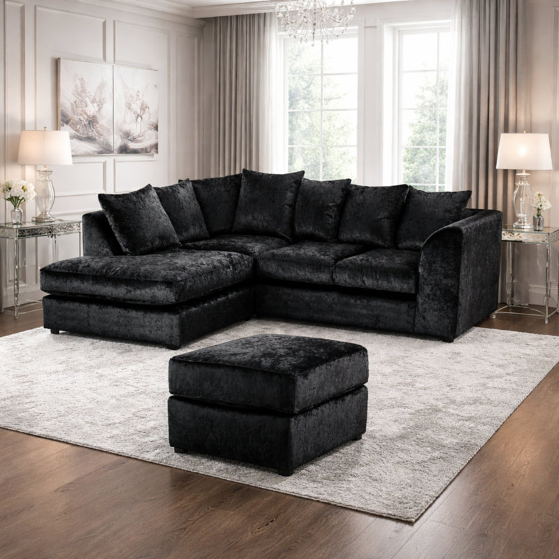 4 Seater Velvet Corner Sofa, Left Hand Facing, Black