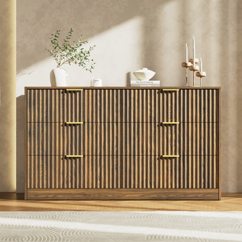 Fluted Dresser For Bedroom With 6 Drawers, 55.1" Wide Modern Chest Of Drawers With Metal Handle, Rustic Walnut