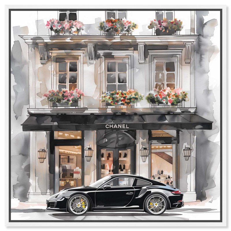 Illustration de mode sur toile devant une voiture de luxe par Art Remedy, H 13 po x l 13 po x P 1,8 po, Cadre flottant blanc