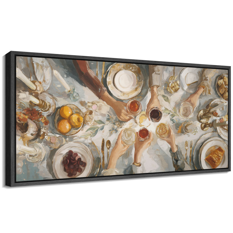 Neutral Toned Feast Celebration Artwork Extra Large Pictures Framed Canvas Print Wall Art, Black, 30" H x 60" W