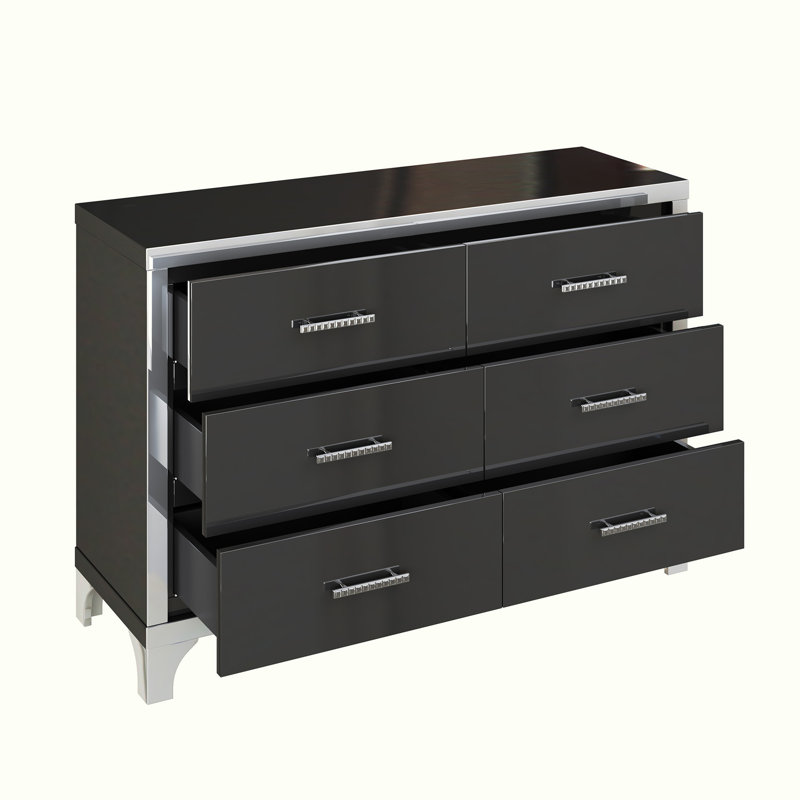 High Gloss 6-Drawer Dresser for Bedroom,  Dresser No Handle, Modern 6 Chest of Drawers with Wide Storage, Black