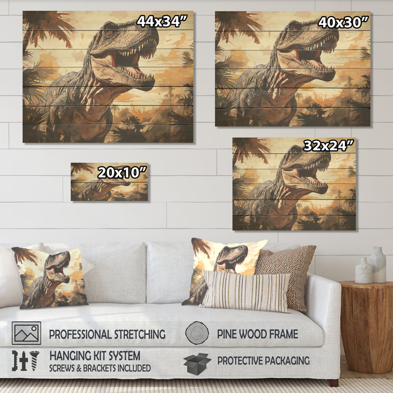 Portrait de trex rétro jurassique I - dinosaure sur bois, H 10 po x l 20 po x P 0,78 po