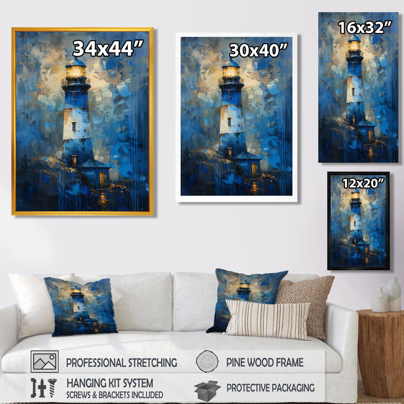 Tempête bleue tour de phare I - impression d'art mural phares, H 12 po x l 20 po, Toile tendue