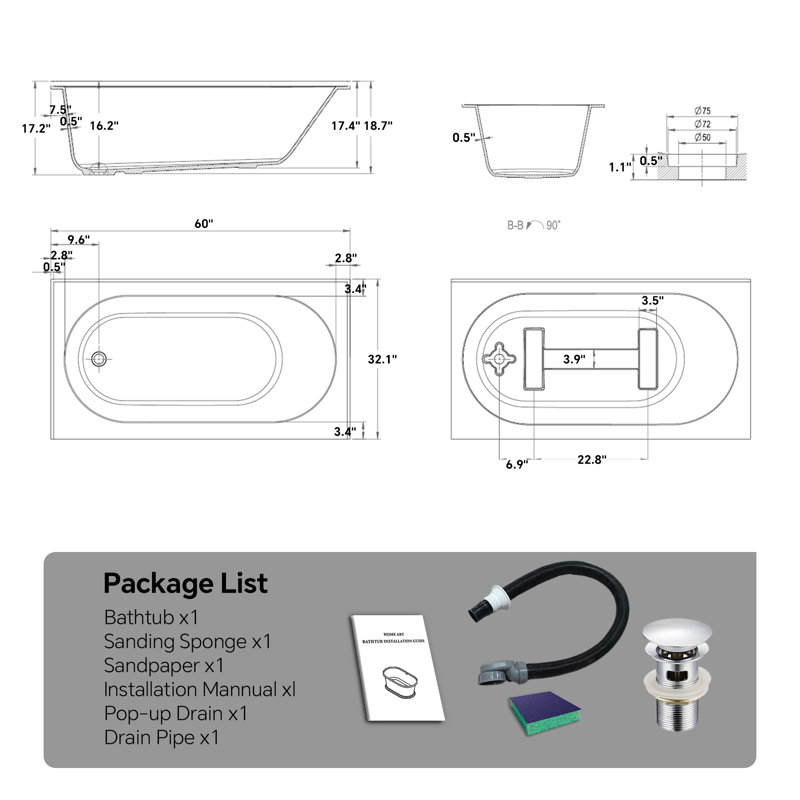Baignoire encastrée 60 "x 32" en PMMA à surface solide avec design intérieur ovale