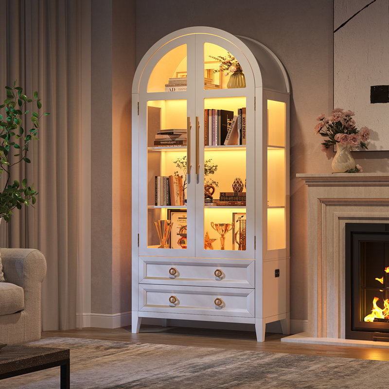 Freestanding Arch Display Cabinet with 3-Color Light Modes and Motion Sensor, White