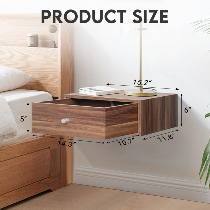 Table de chevet flottante, table de chevet murale, tablette flottante avec tiroir, tiroir flottant pour chambre à coucher, noyer 15,5 po x 12 po x 6 po