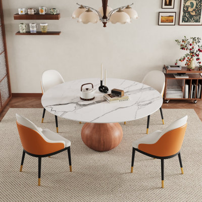 Ensemble de salle à manger rond 7 pièces, plateau de table en pierre frittée avec piètement en bois massif + 6 chaises rembourrées, coussins haute résilience, dossier ergonomique, résistant à la chaleur et aux égratignures, pré-assemblé. Parfait pour la cuisine, le bureau, les salles de réunion ou les restaurants.