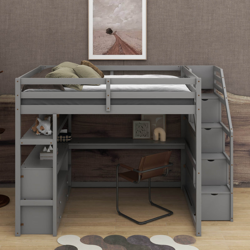Full Size Loft Bed With Desk And Shelves, Gray, Full