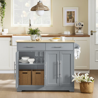 113 cm W Solid Wood Pine Top Kitchen Island