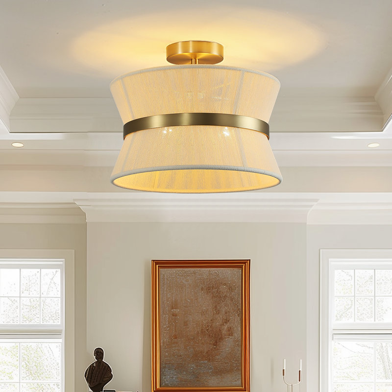 Plafonnier semi-encastré moderne en rotin doré 2 lumières Modern Drum