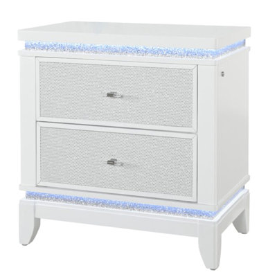 White Nightstand With Glitter Front - 2 Spacious Drawers, Led , Solid Wood Construction Modern Expansive And