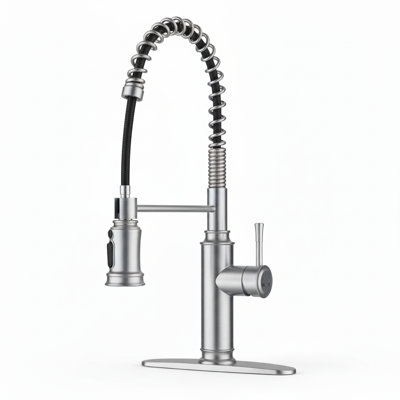 Spring Pull Down Single Handle Kitchen Faucet With Deck Plate & 3-function Sprayer