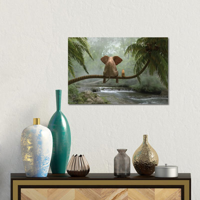 Elephant And Dog Sit On A Palm Tree In Tropical Forest by Mike Kiev - Gallery-Wrapped Canvas Giclée on Canvas