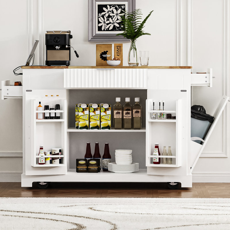 Îlot de cuisine blanc avec rangement interne pour les poubelles, capacité 10, 5 mouvements, 3 tiroirs, Blanc
