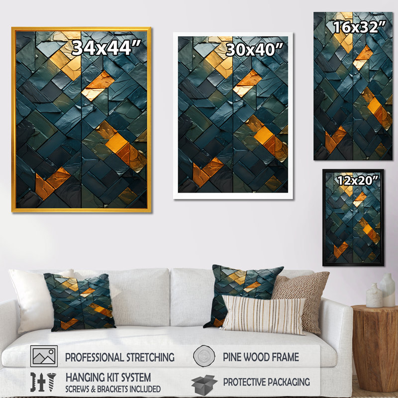 Décoration murale bleue et dorée Elegance IV - marbre, H 44 po x l 34 po x P 1,5 po, Encadrement doré