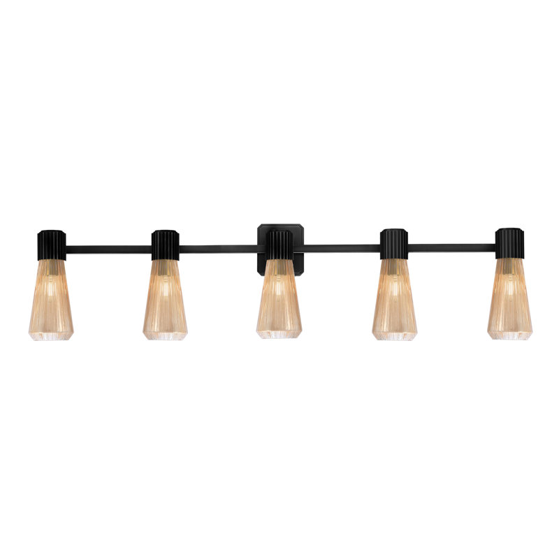 Barre d'éclairage de salle de bain 5 lumières Everleigh, fini noir mat avec verre côtelé ambre de 4 po, 46.5" Width, Noir mat