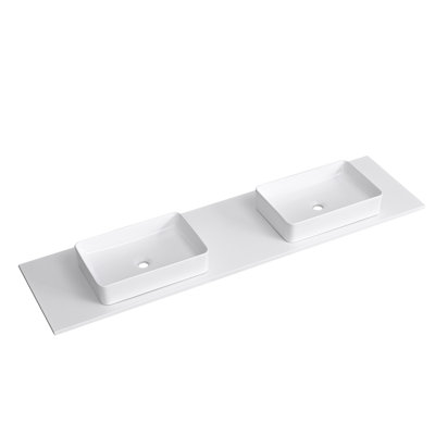 Dessus de meuble-lavabo 72 po en pierre de quartz blanc avec double vasque carrée en céramique