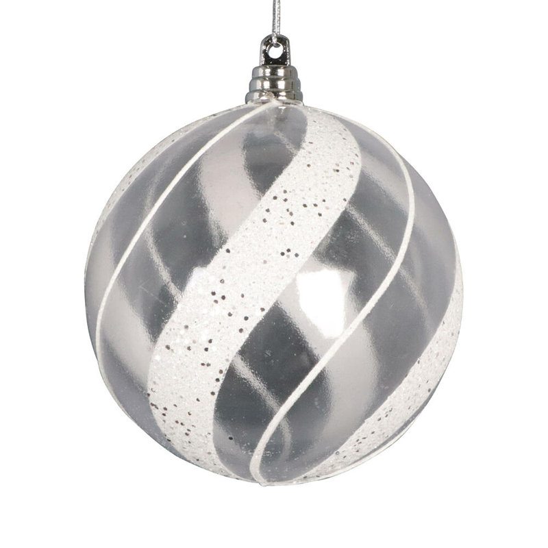 Vickerman 4" Clear Ball White/Silver Glitter Ornament. 3 pieces per bag.
