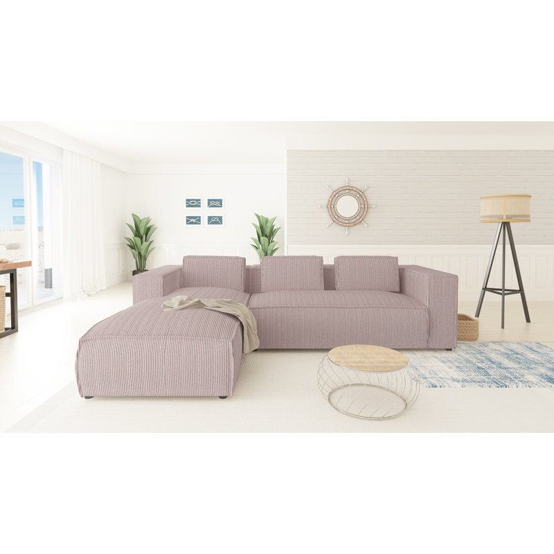 Modern L-Shape Corner Sofa  Made of Cord with Soft Seat, Left Hand Facing, Powder Pink
