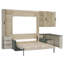 Grand lit escamotable mural avec rangement hydraulique, canapé, tablettes et tiroirs, éclairage DEL / USB, panneau crème, canapé vert-129025317