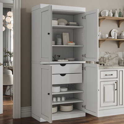 100% Solid Wood Pantry Cabinet, Shaker Doors, 2 Drawers, Adjustable Shelves, 32" Wide, 71.5" Tall