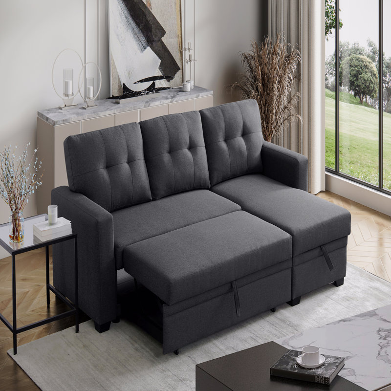 Convertible Upholstered Sectional Sofa with Pull-out Chaise, Dark Gray Linen, Right Hand Facing