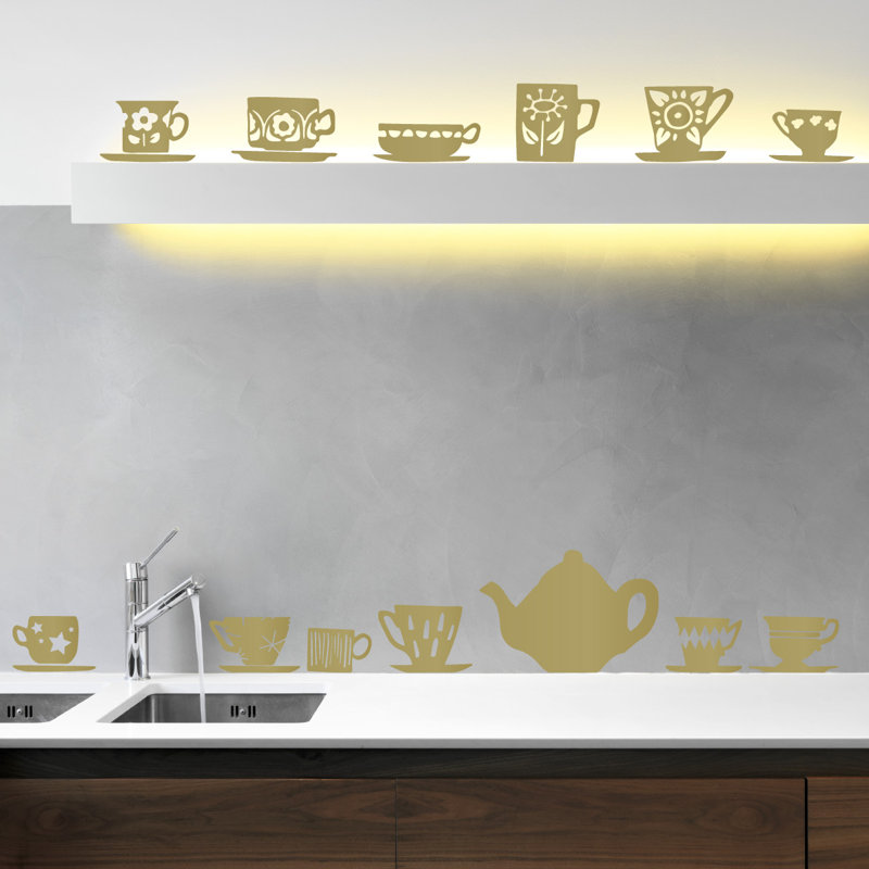 Décalcomanie murale tasses de thé, H 23 po x l 24 po x P 0,01 po, Or