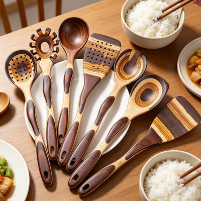 7-Piece Pakkawood Kitchen Utensils Set for Cooking, Eco-Friendly Non-Stick Wooden Spoons and Cookware Set, Safe for Non-Stick Pans, Essential Kitchen Tools with Ergonomic Handles, Great for Housewarming