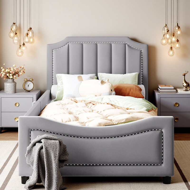 Classic Stripe Shaped Headboard Playful Scalloped Upholstered Daybed, Grey