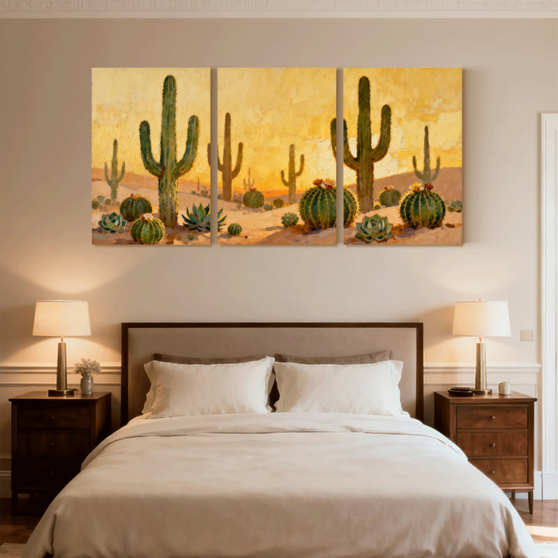 Cactus, paysage désertique avec cactus et plantes grasses, ensemble de 3 impressions sur toile, H 30 po x l 60 po