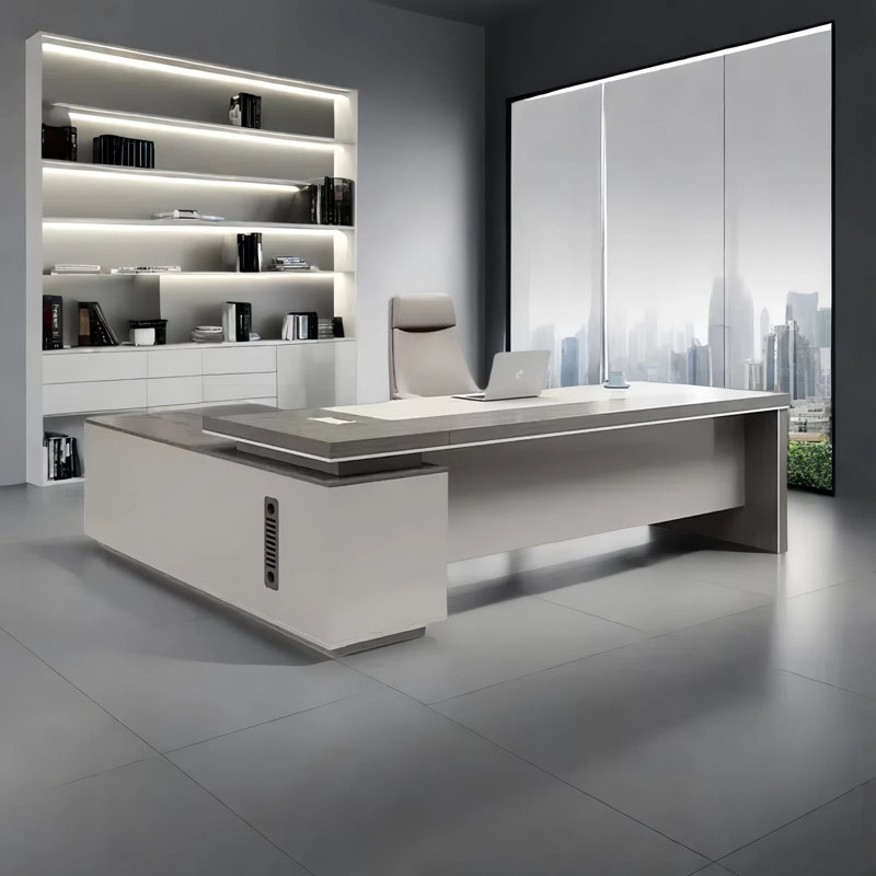 Luxury modern style computer desk with lockers, 29.53" H x 78.74" W x 31.5" D