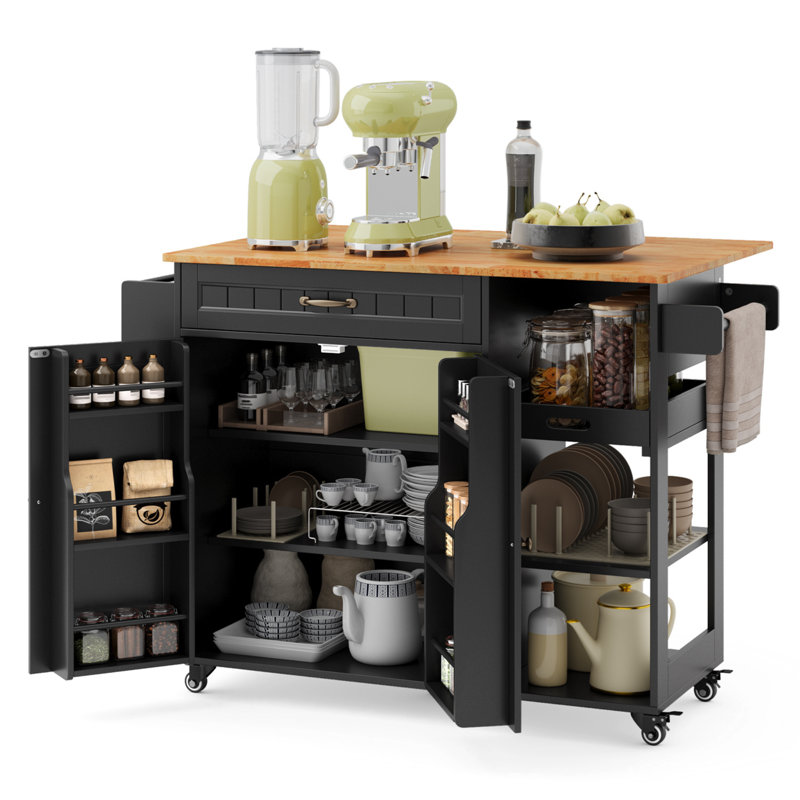 51" Rolling Kitchen Island Cart with Solid Rubberwood Drop-Leaf Countertop, Storage Cabinet, Adjustable Shelf and Locking Casters