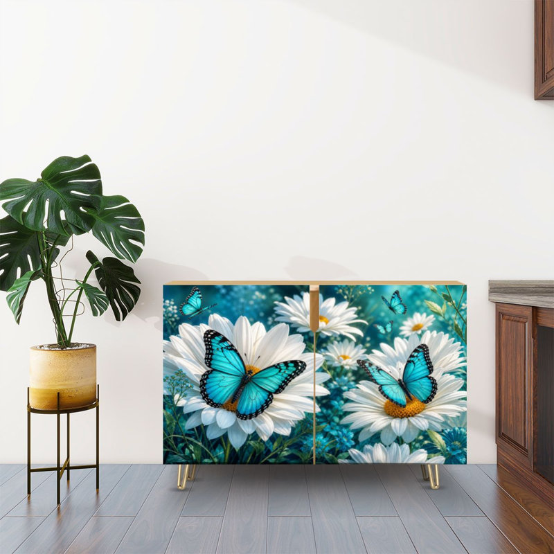 Buffet Buffet avec rangement Papillons turquoise, marguerites sarcelle et fleurs blanches avec 2 portes pour le salon et la cuisine