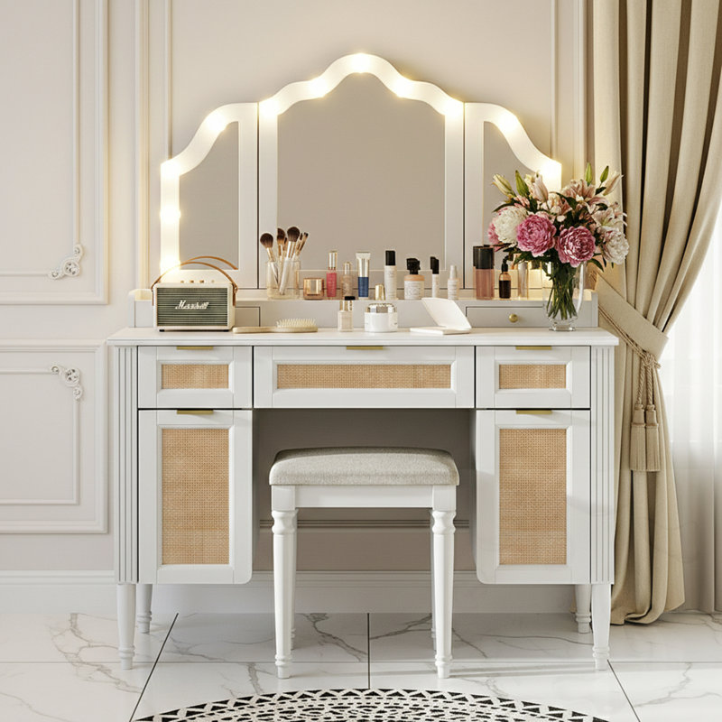 5-Drawer Tri-Fold Mirror Makeup Vanity Desk With Hollywood Bulbs And Charging Station