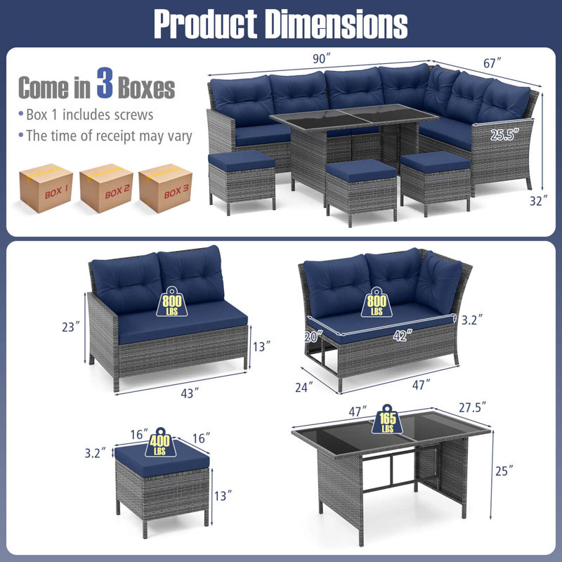 Ensemble de canapé modulaire en rotin 7 pièces avec coussins moelleux 7 pièces, Bleu