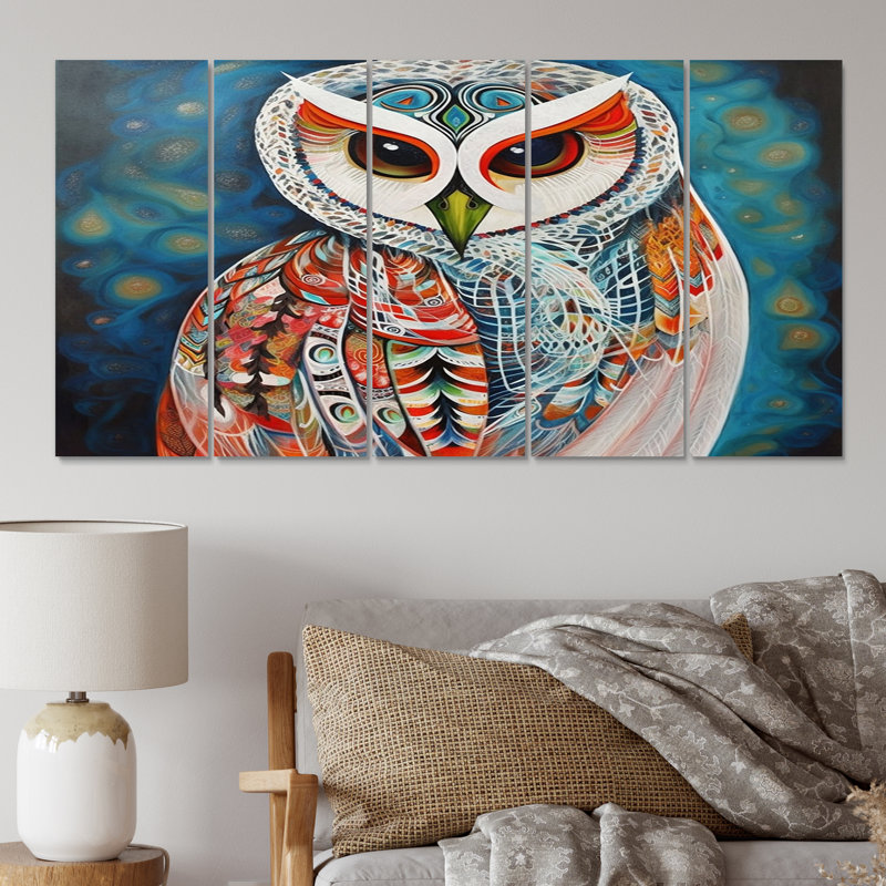«White Owl Magic II», art mural toile animaux - 5 panneaux égaux