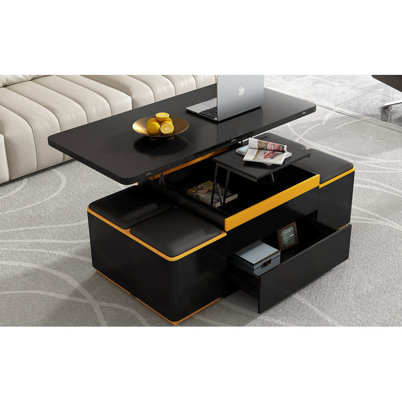 Table basse à plateau relevable avec tabourets de rangement, table centrale moderne avec plateau pliable, table basse réglable multifonctionnelle pour le salon