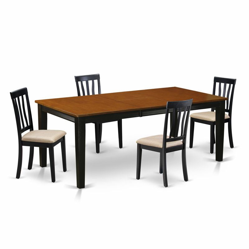 Ensemble de table de cuisine 5 pièces pour 4 personnes comprenant une table de salle à manger rectangulaire avec rallonge papillon et 4 chaises en tissu de lin, noir et cerise