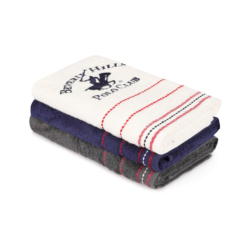 Ensemble de serviettes 3 pièces 100% coton, Blanc / bleu foncé / gris