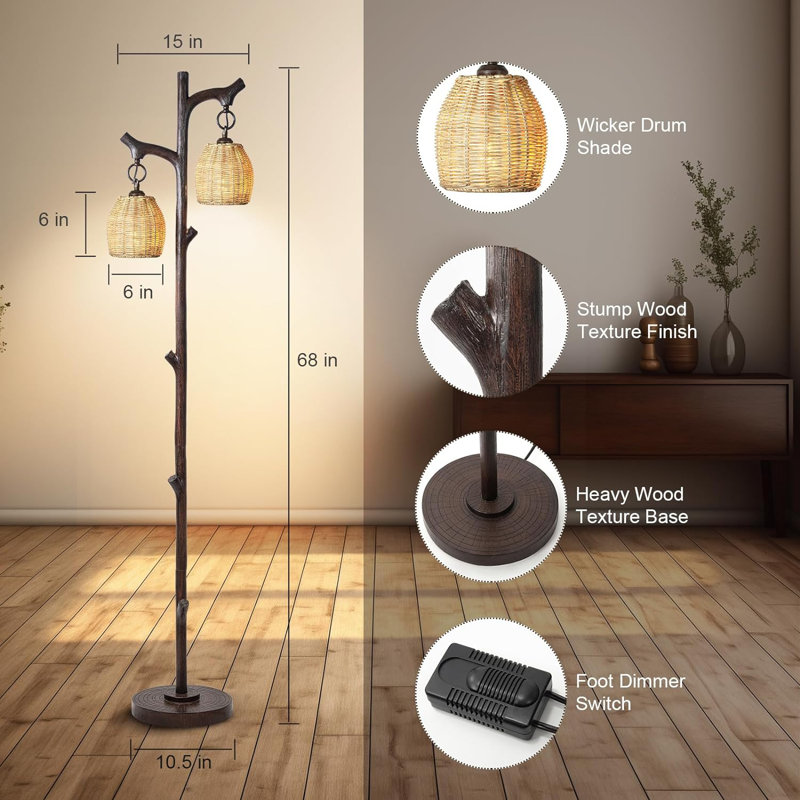 68" High Farmhouse Rustic Country Cottage Floor Lamp Tree Trunk Faux Wood Column Wicker Drum Shade Decor For Living Room Bedroom Reading Room