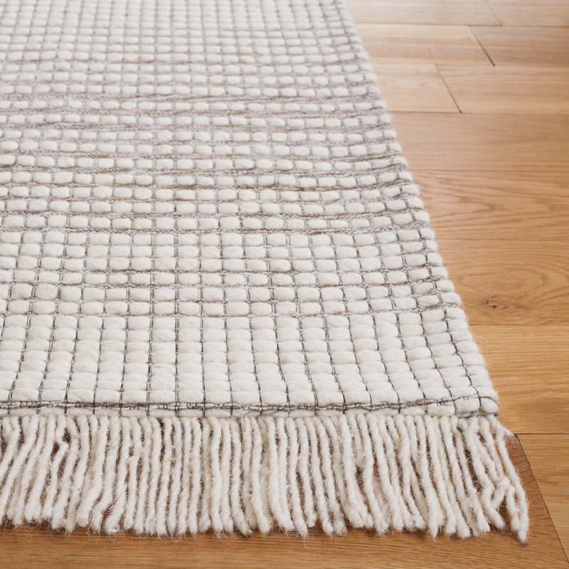 Ivory and Dark Brown Handwoven Wool 8' x 10' Area Rug