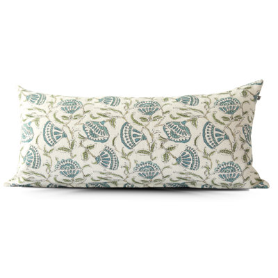 Bodhi Blue Floral Block Print Lumbar Pillow Cover 14x28"
