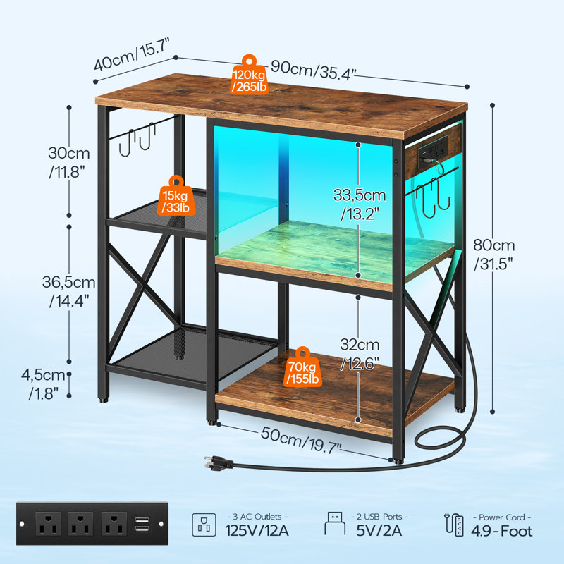 Black and Brown Metal Aquarium Stand with LED Light and Power Outlets