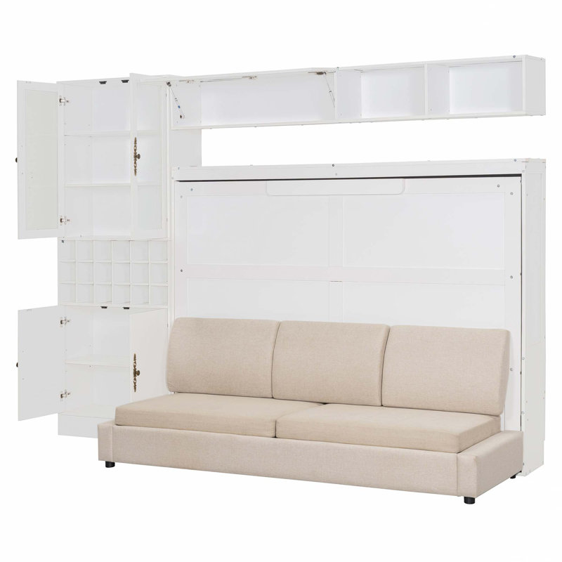 Lit escamotable double pleine grandeur avec canapé, tablettes USB et lumière, White