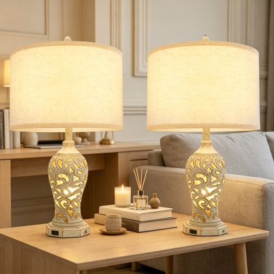 Ensemble de 2 lampes de table à intensité variable avec ports USB A + C, 3 températures de couleur et gradation continue, lampes de chevet en résine évidée pour le salon et la chambre à coucher (ampoules incluses)