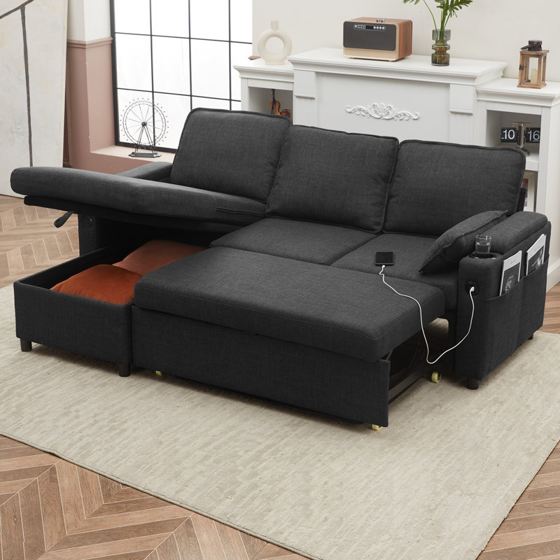 L Shaped Sofa Sleeper & Chaise, Dark Grey