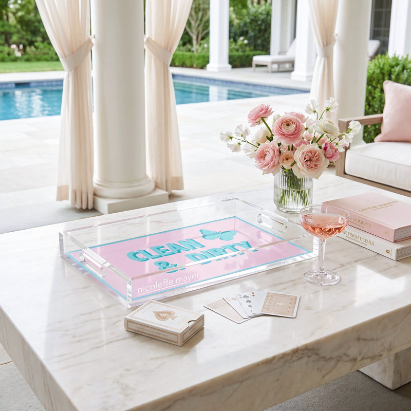 Decorative Tray, 2" H x 17" W x 10.5" D, Pale Pink/Blue