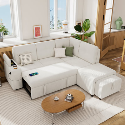 Canapé-lit modulaire en L de 94 po avec repose-pieds et tabouret amovibles de 94 po, grand espace de rangement, porte-gobelet et deux ports USB pour le salon